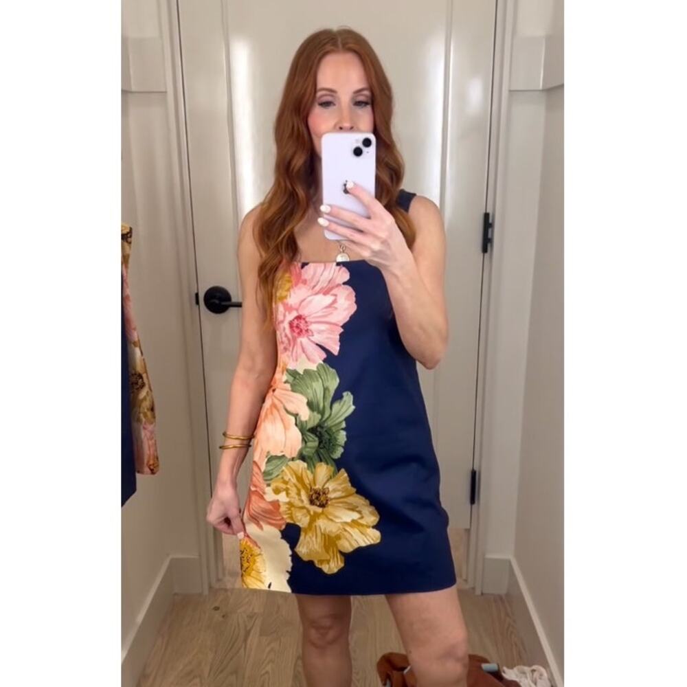 MAEVE Square Neck Printed Blue Floral Mini Dress Size Medium